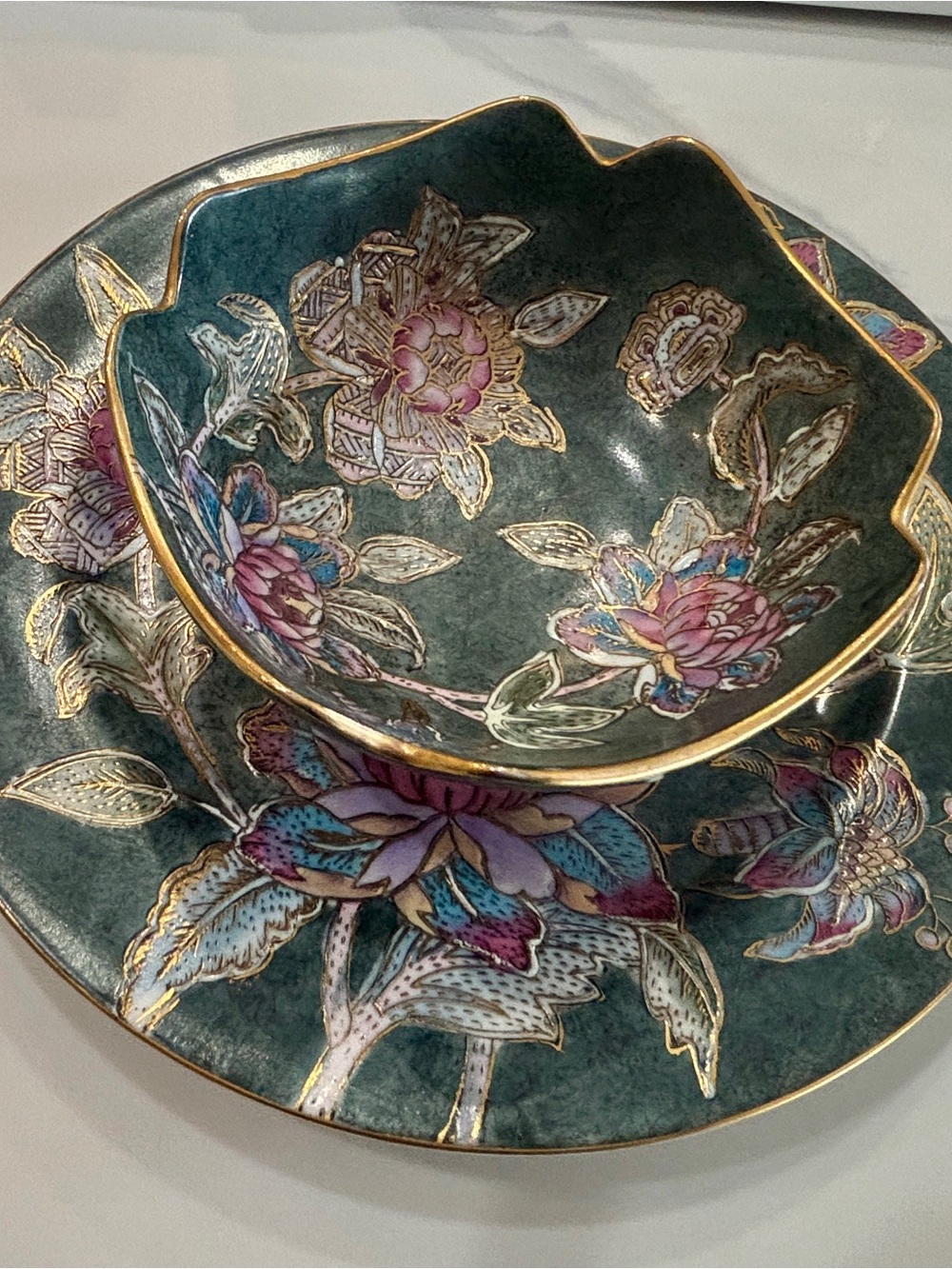 Vintage TOYO Hand-Painted Decorative Plate & Bowl Set, Gold Trim Floral